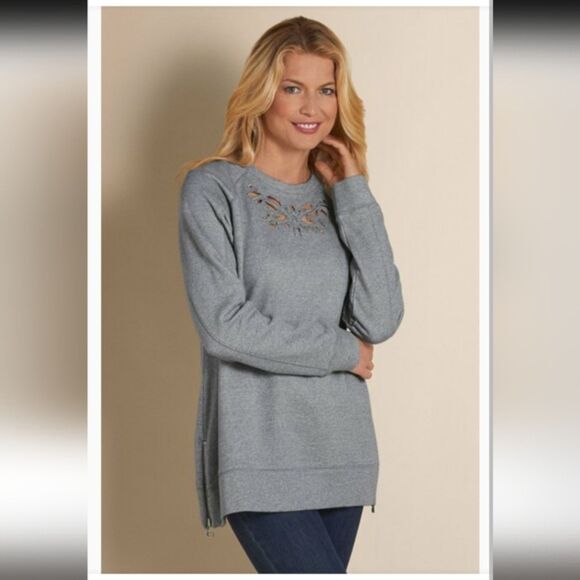 Soft Surroundings Urban Chic Pullover Sweatshirt  Gray Side Zips Laser Cutout 1X - Picture 2 of 10